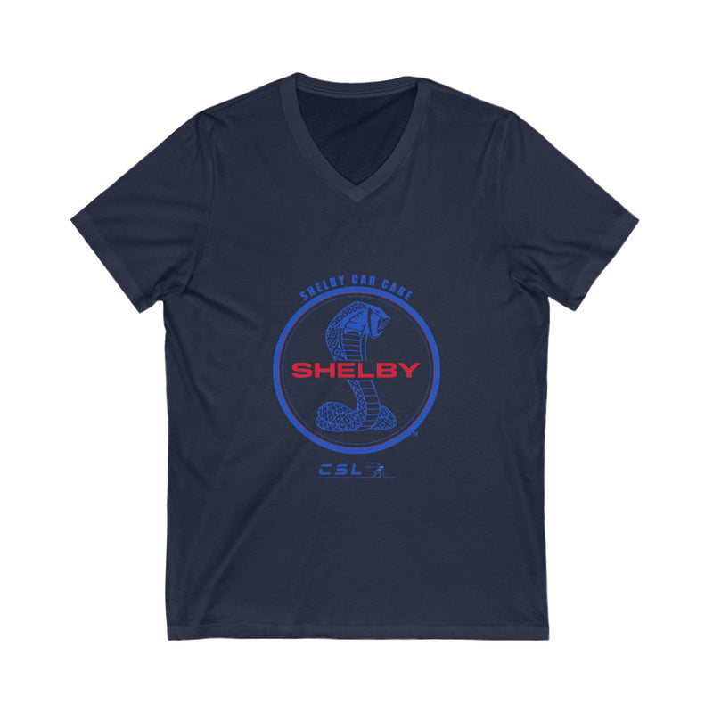 Unisex Jersey Short Sleeve V-Neck Tee Printed with the Most Iconic Brand in American Automotive History - SHELBY