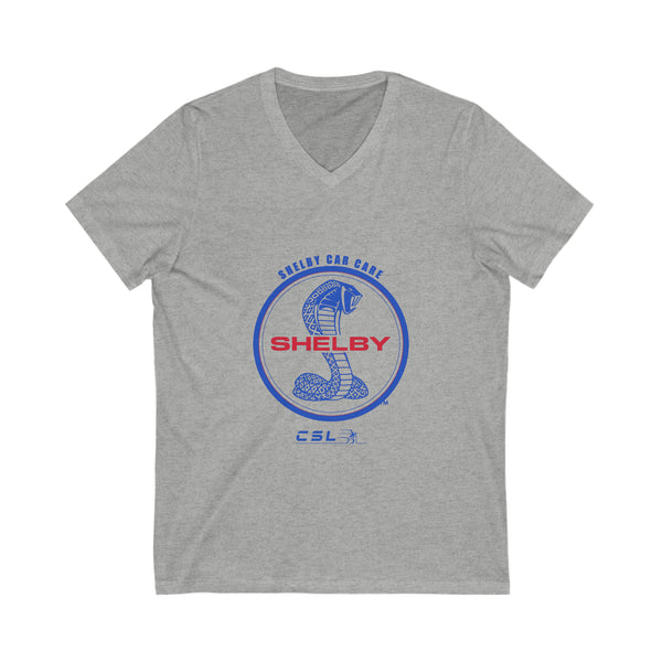 Unisex Jersey Short Sleeve V-Neck Tee Printed with the Most Iconic Brand in American Automotive History - SHELBY